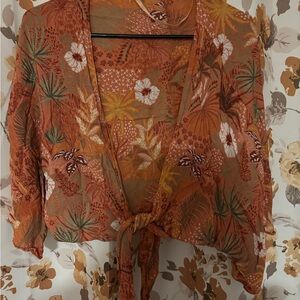 Pink Crop Blouse with Tie Front and Long Sleeves